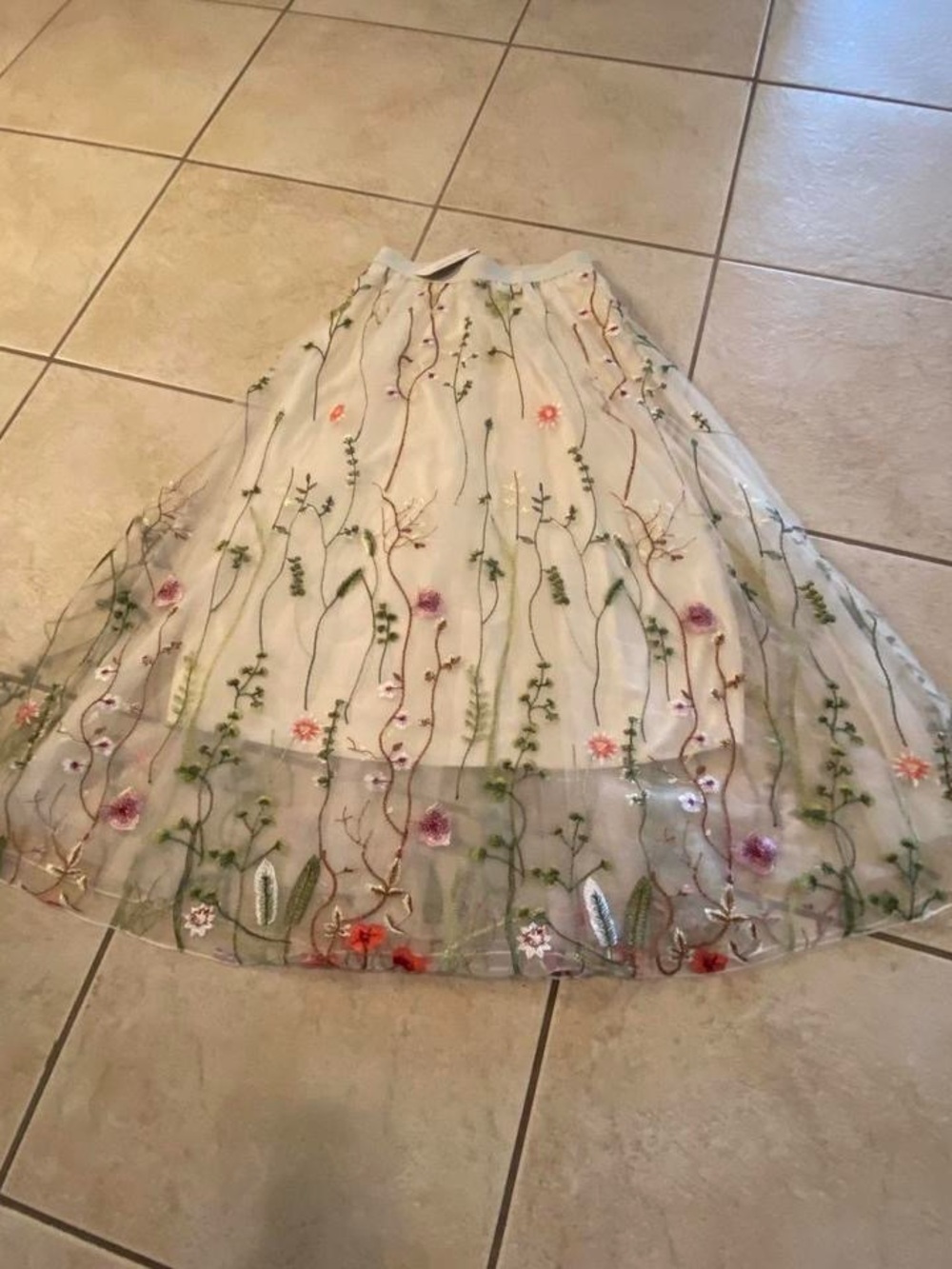 RIHOAS ivory Tulle Maxi Skirt with Multicolor Floral Embroidery all over